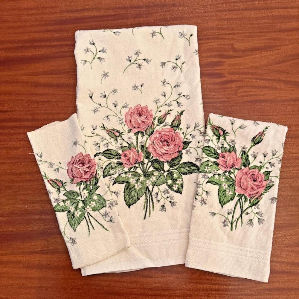 R.A.‎ Briggs Vintage Rose Towel Set – 3 Pc Bath Hand Washcloth – 1987 USA NOS